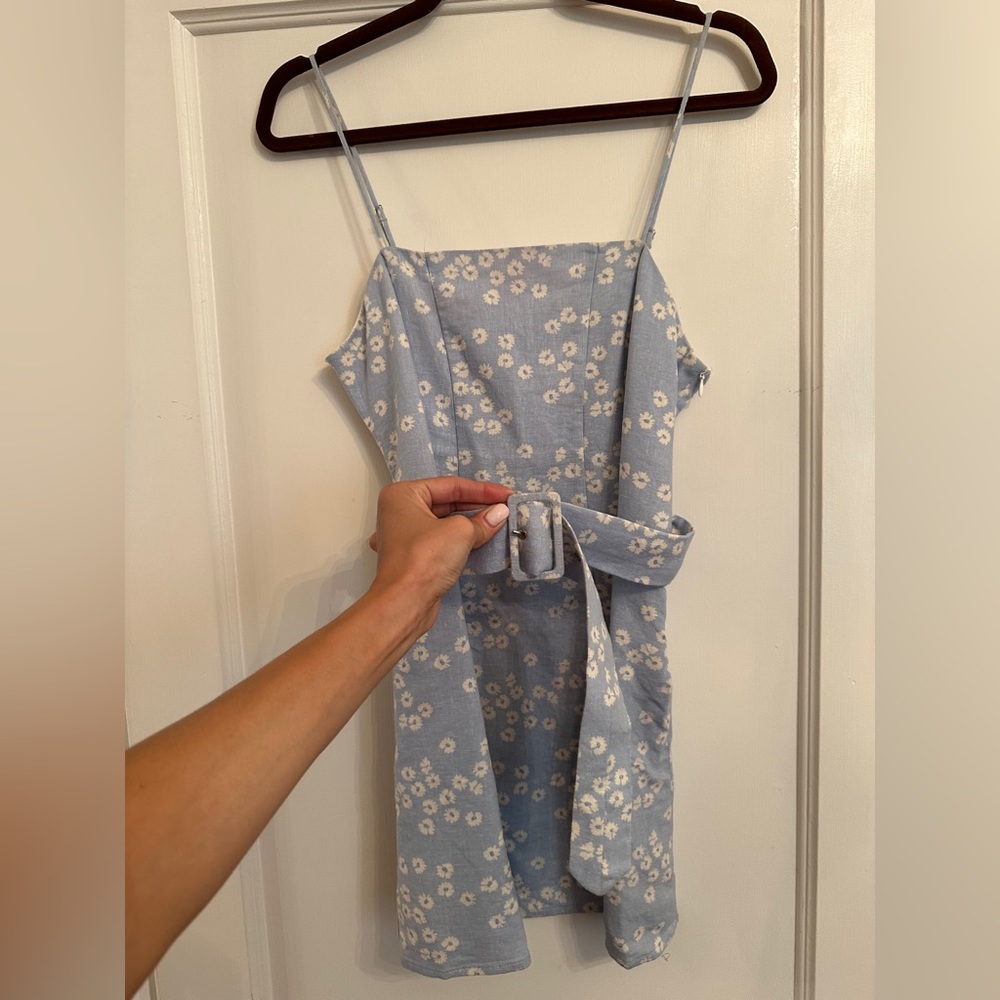 Zara Light Blue White Floral Linen Blend Mini Dress - Picture 4 of 4